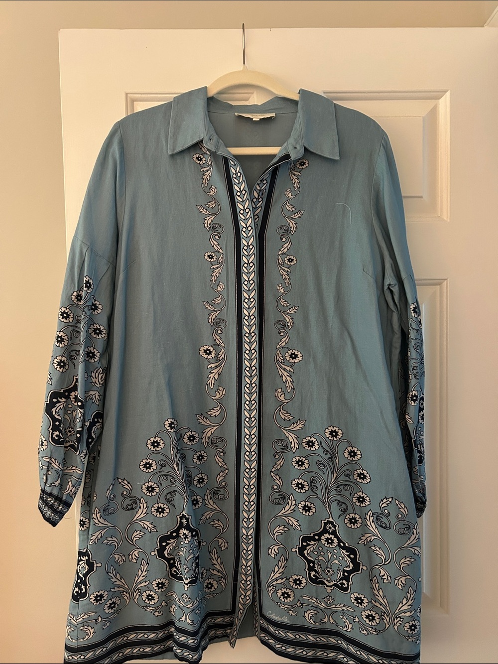 Cleobella Blue Floral Border Print Shirt Dress Size L